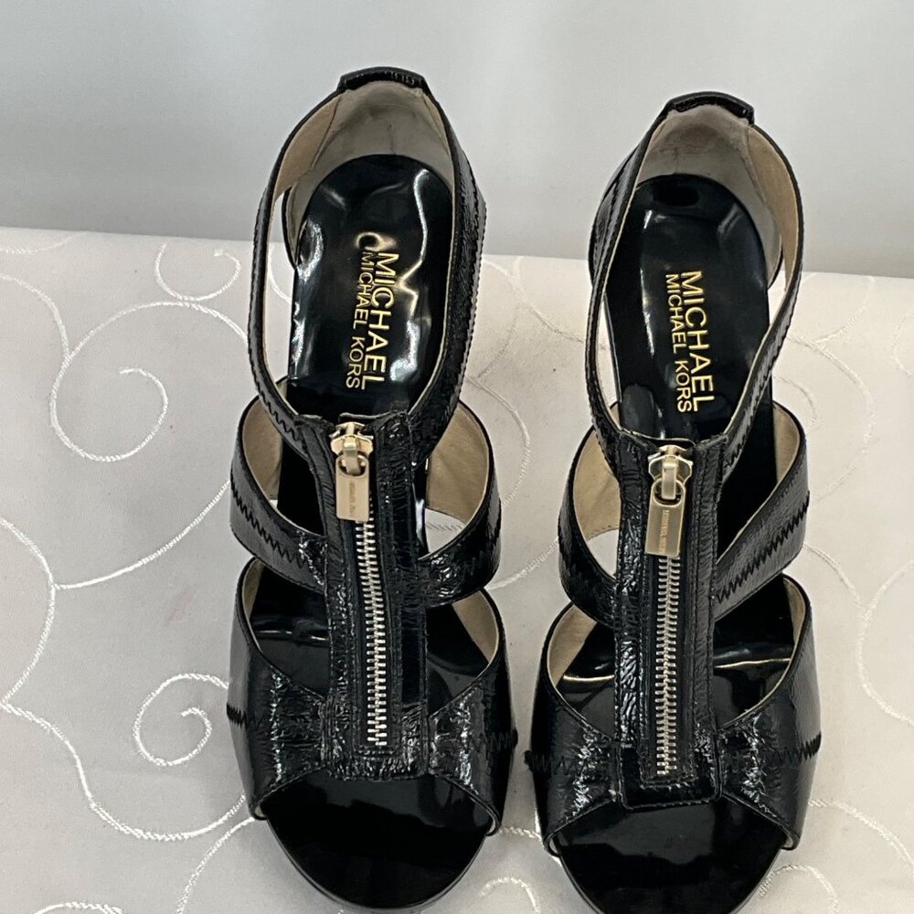 Michael Kors 8M Black Patent‎ Leather High Heel Sandals With Gold Zipper